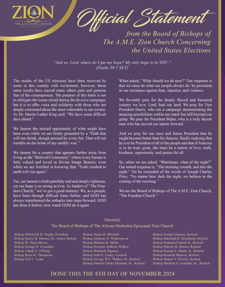 Official Statement from the Board of Bishops of The A.M.E. Zion Church Concerning the United States Elections